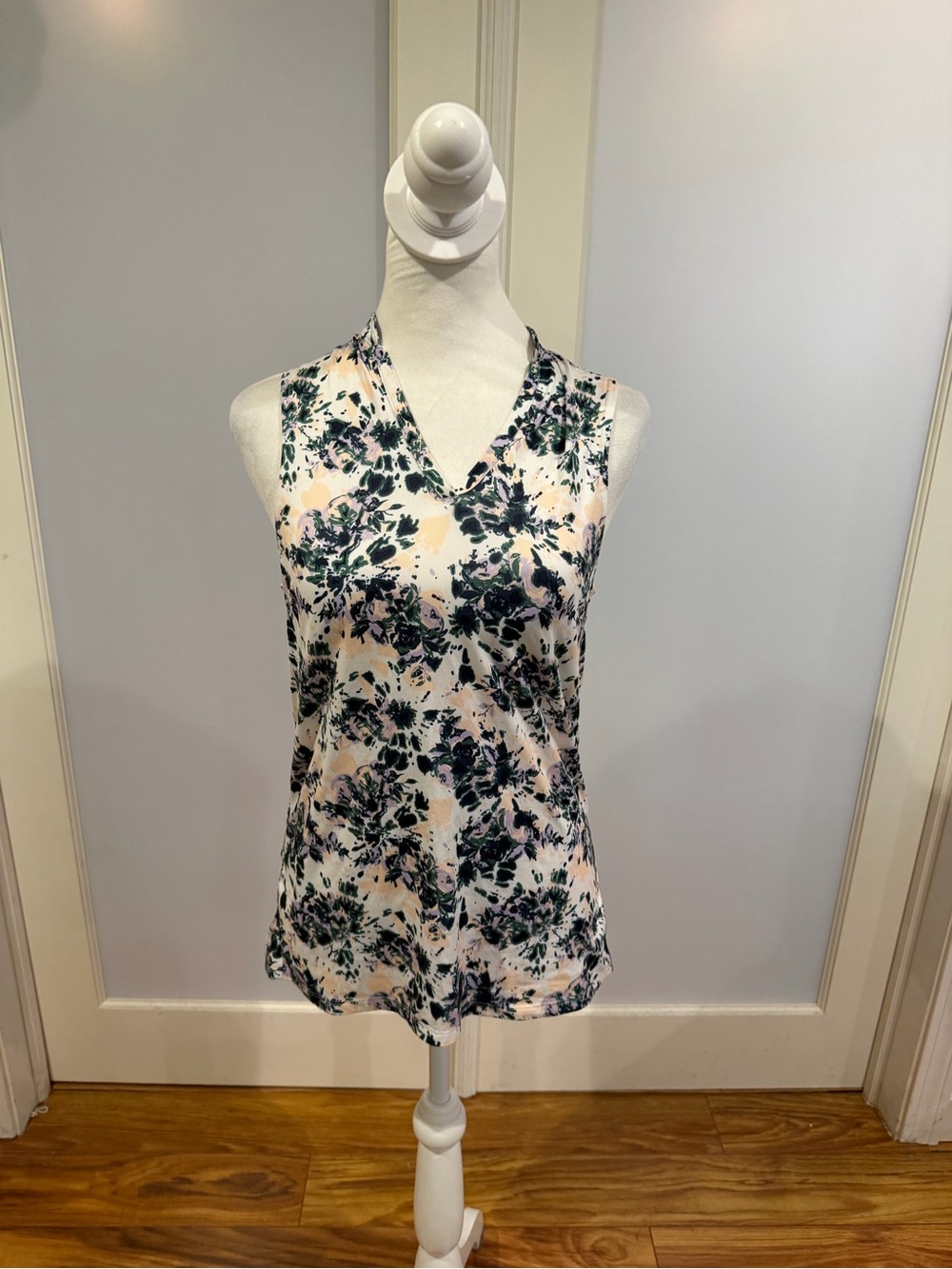 Puma Cream Floral V-Neck Sleeveless Camisole with Green Print